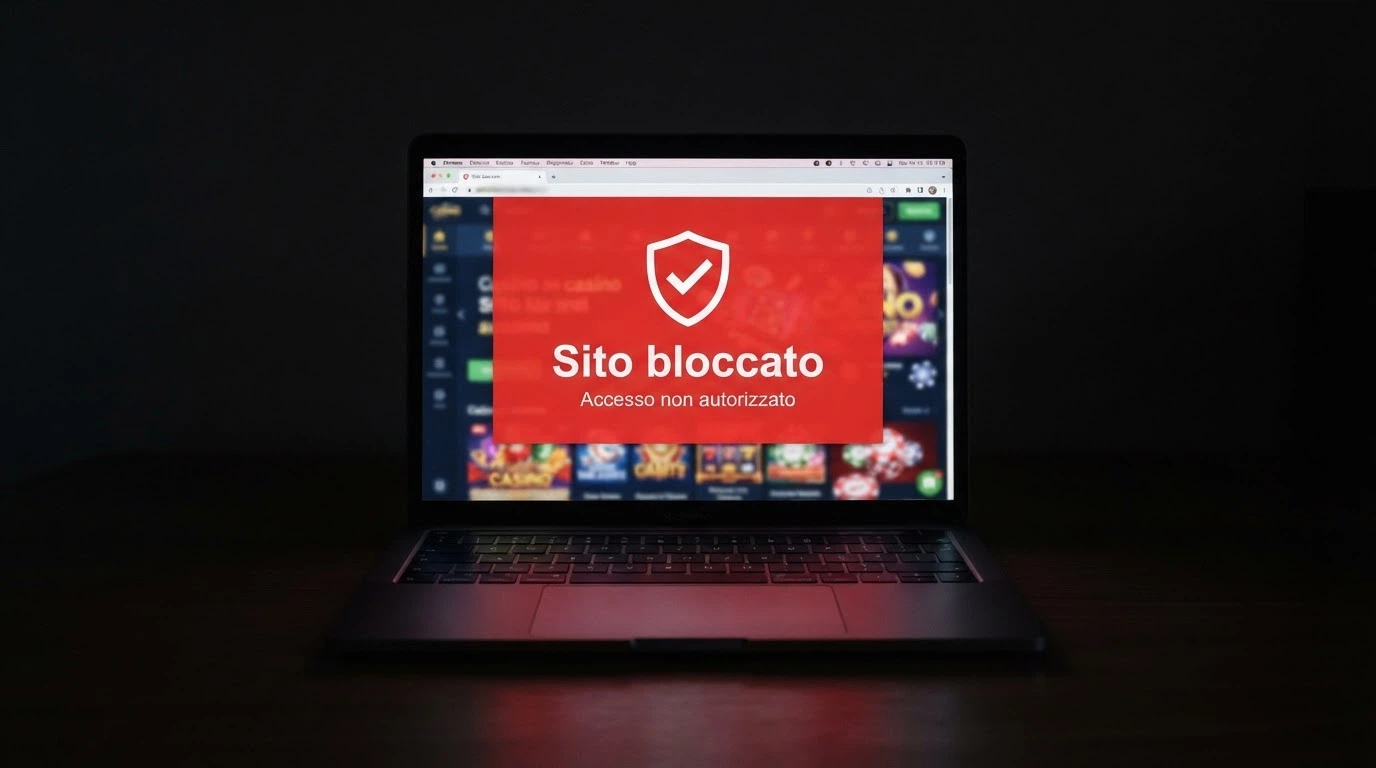 Lo schermo di un computer con un avviso di blocco DNS su un sito di casinò non autorizzato, accanto al logo ufficiale ADM
