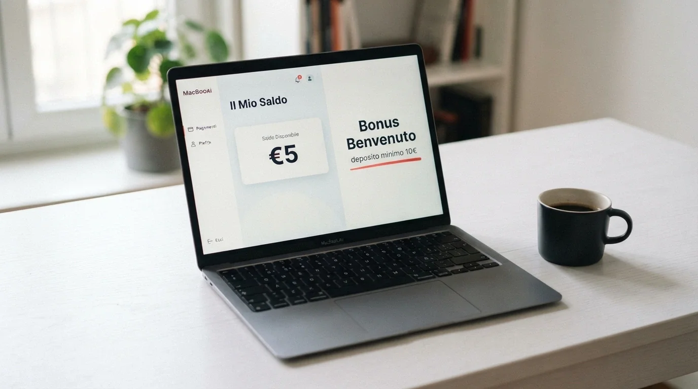 Un conto gioco che mostra un saldo di 5€ accanto a un pannello promozionale con la dicitura «deposito minimo 10€ per il bonus»