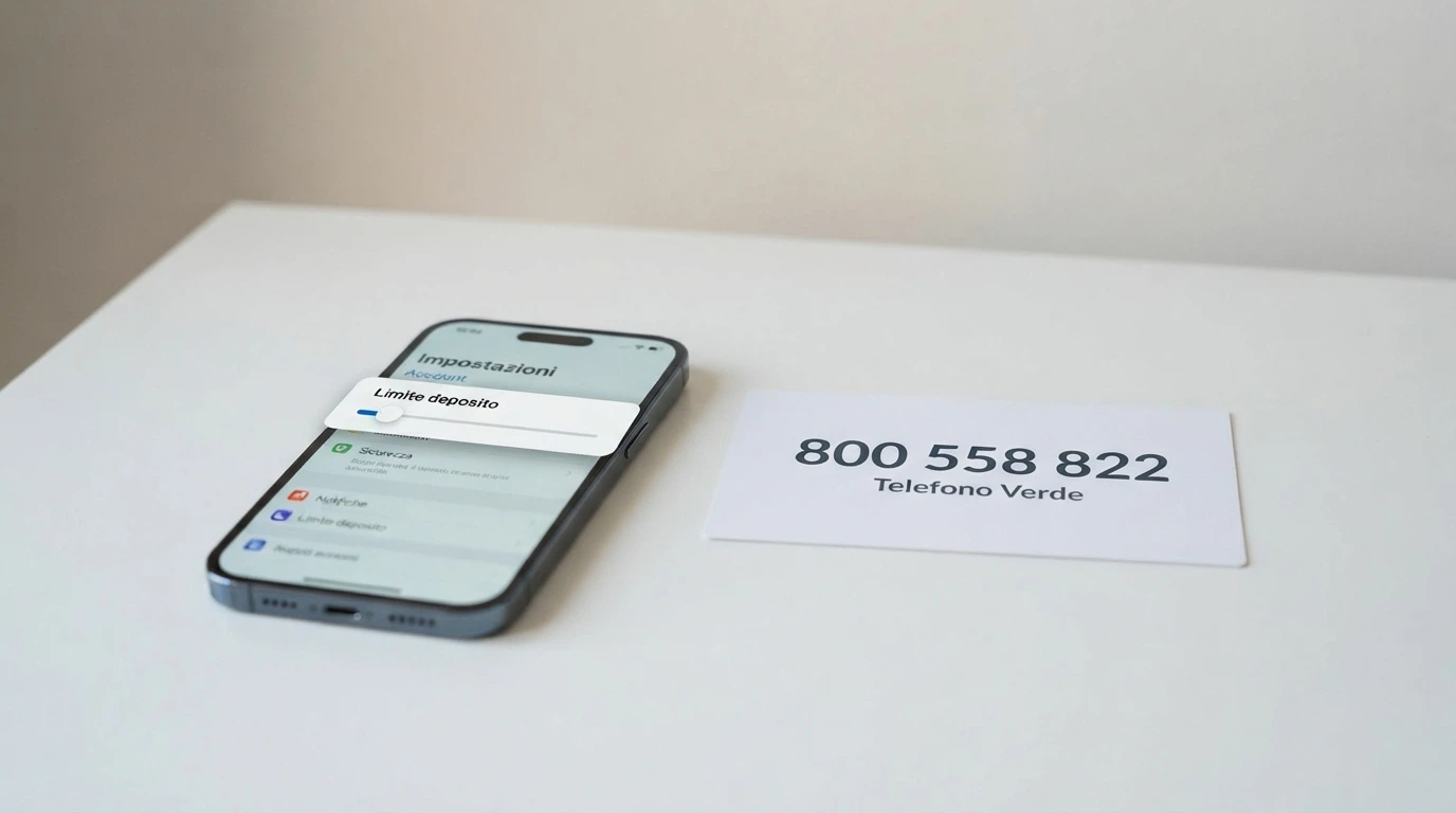 L'interfaccia di impostazione dei limiti di deposito in un'area riservata ADM, con un telefono che mostra il numero verde 800 558 822